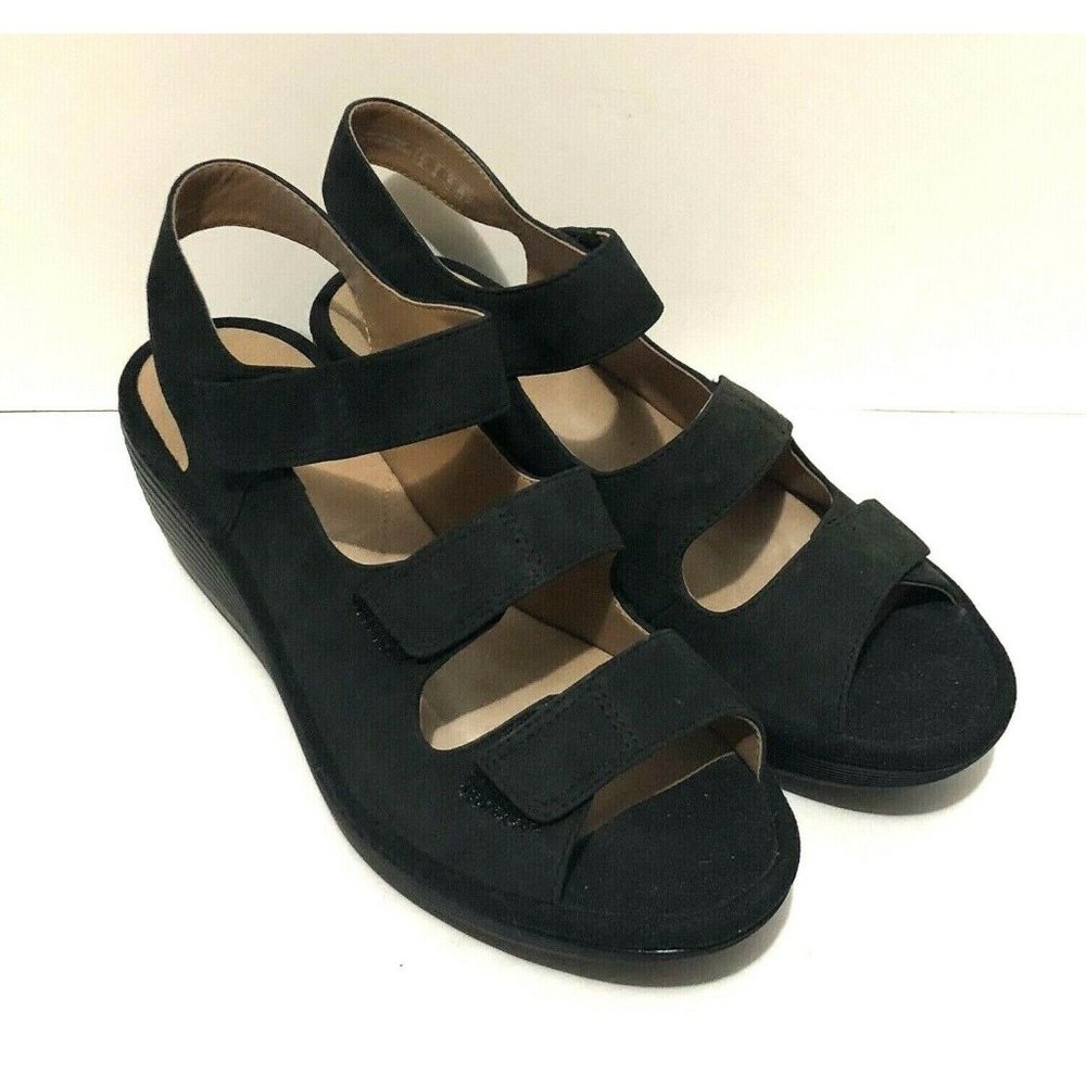 Clarks Black Suede Wedge Sandals Shoes Size 9 M